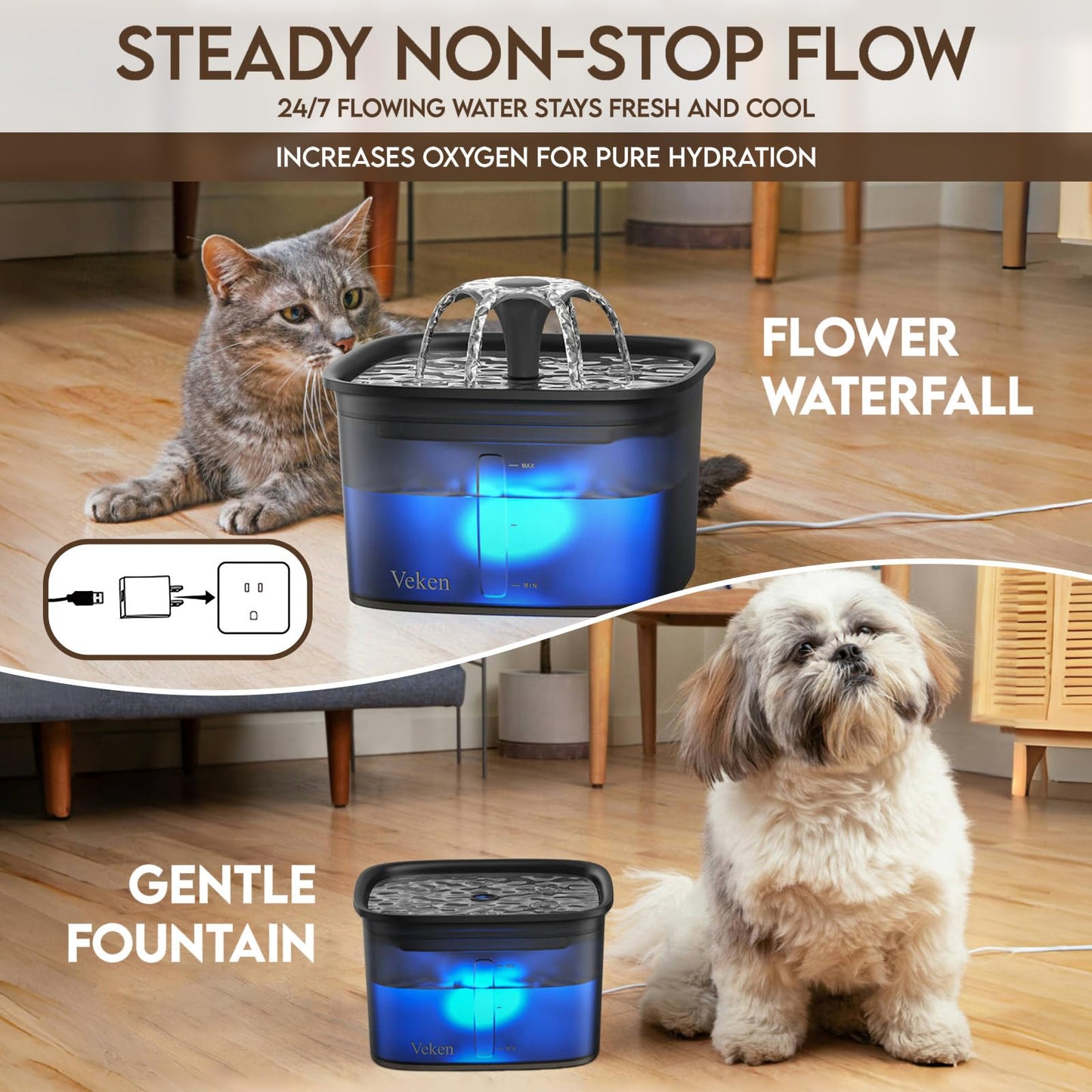 Veken 95oz/2.8L Pet Fountain, Automatic Cat Water Fountain Dog Water Dispenser with Replacement Filters for Cats, Dogs, Multiple Pets (Blue, Plastic)